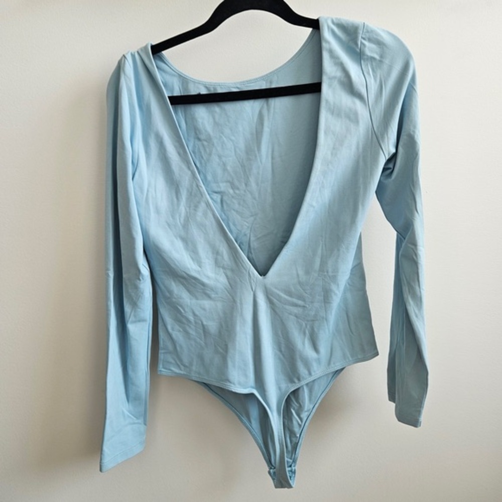 Babaton Pale Blue Long-Sleeve V-Neck Bodysuit